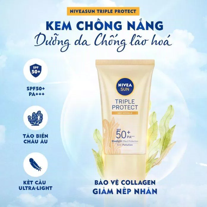 Kem chống nắng Nivea Sun Triple Protect Anti Wrinkle có tác dụng bảo vệ collagen và chống nắng hiệu quả ( Nguồn: internet)