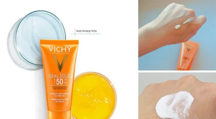 Vichy Ideal Soleil Mattifying Face Fluid Dry Touch có màng lọc đôc quyền cùng vitamin E và nước khoáng Vichy nâng cao khả năng bảo vệ da (Nguồn: Internet)
