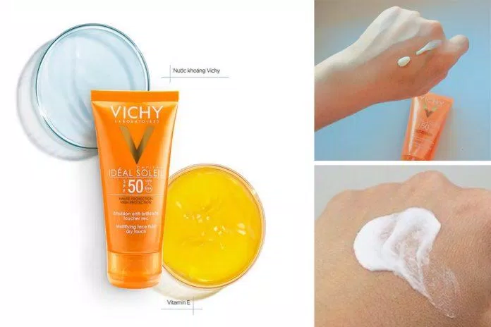 Vichy Ideal Soleil Mattifying Face Fluid Dry Touch có màng lọc đôc quyền cùng vitamin E và nước khoáng Vichy nâng cao khả năng bảo vệ da (Nguồn: Internet)