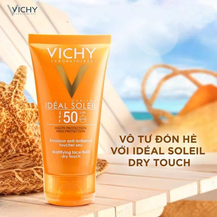 Thiết kế bao bì của Vichy Ideal Soleil Mattifying Face Fluid Dry Touch khá đon giản với màu cam nổi bật (Nguồn: Internet)