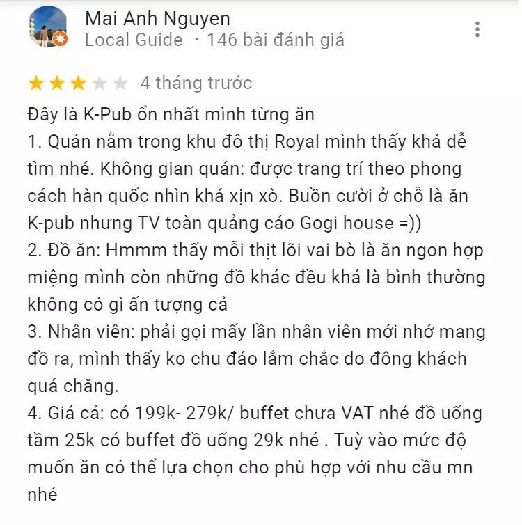 Đánh giá của khách hàng về K-Pub (Nguồn: Internet)