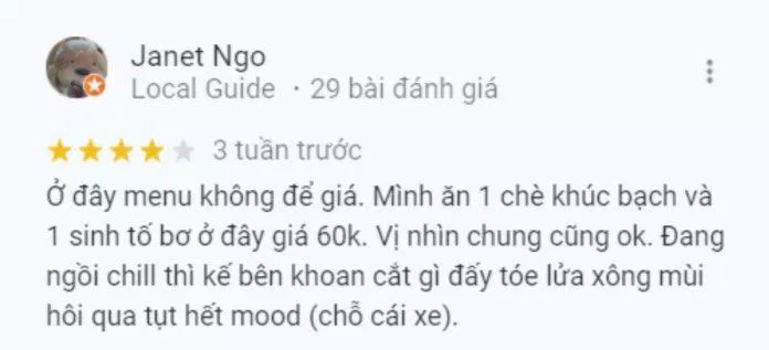Đánh giá của khách hàng về quán Sinh Tố Nhung - Trần Khắc Chân. (Ảnh: BlogAnChoi)