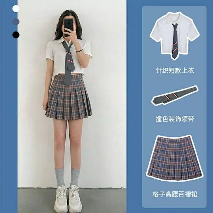 Style học sinh với croptop màu trắng, chân váy kẻ và cà vạt (Nguồn: Internet)