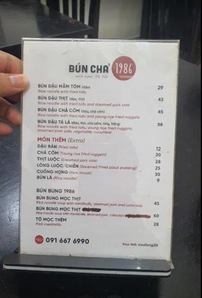 Menu tại Bún Chả 1986 (Nguồn: Internet) Menu tại Bún Chả 1986 (Nguồn: Internet)
