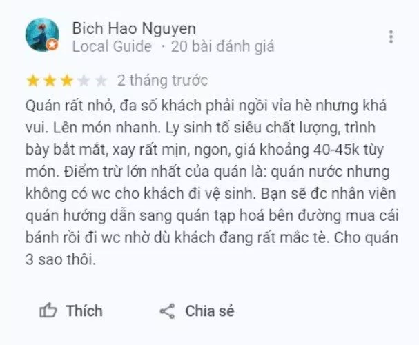Đánh giá của khách hàng về quán Banana’s Juice Shop. (Ảnh: BlogAnChoi)