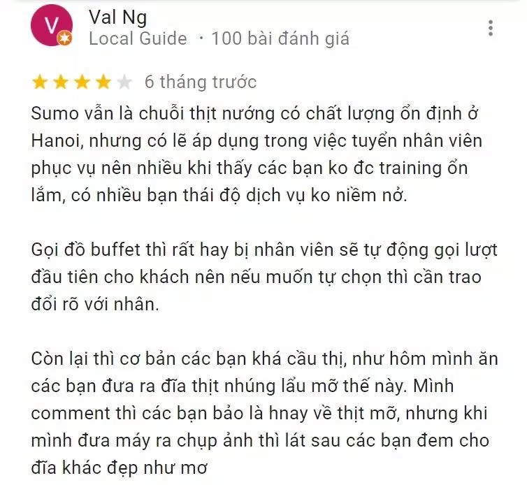 Đánh giá của khách hàng về Sumo Yakiniku (Nguồn: Internet)