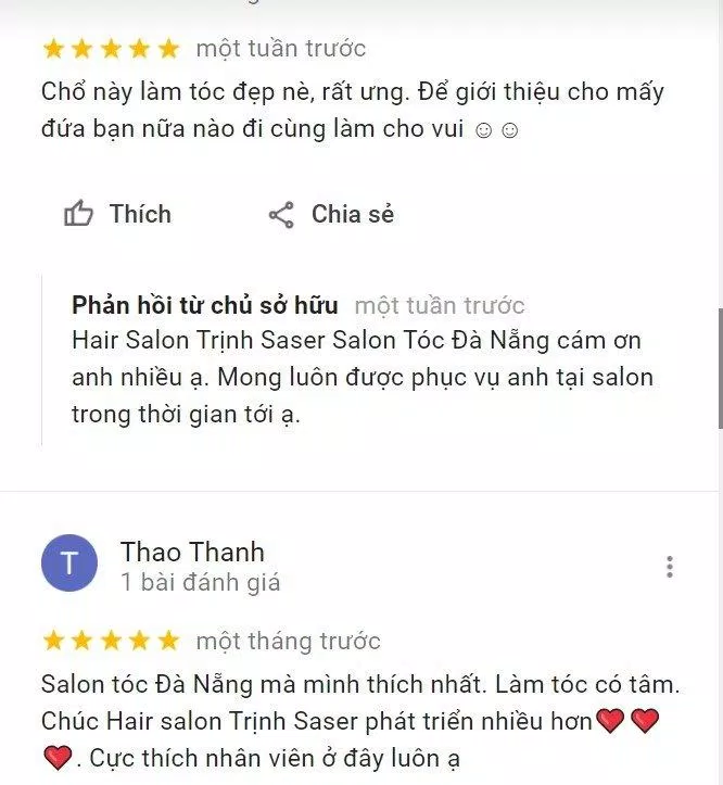Đánh giá tích cực từ khách hàng về Hair Salon Trịnh Saser trên Google Maps (Nguồn: Internet)