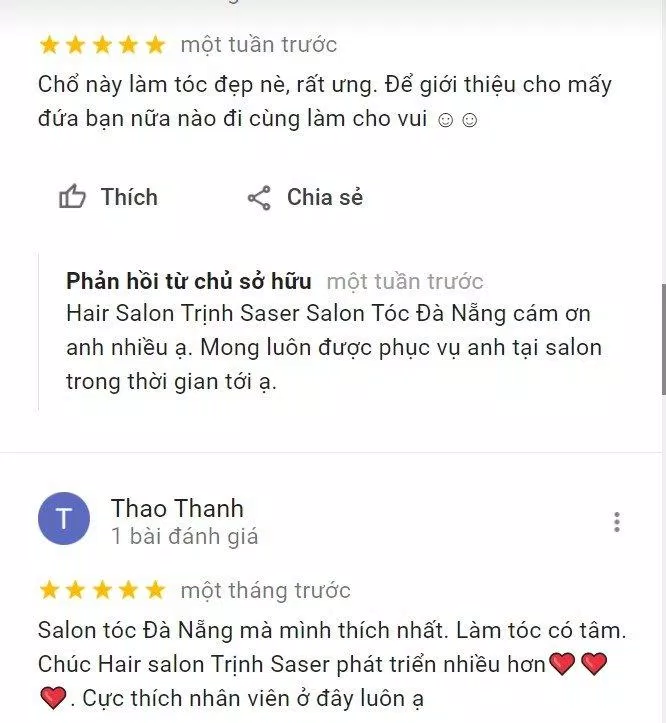 Đánh giá tích cực từ khách hàng về Hair Salon Trịnh Saser trên Google Maps (Nguồn: Internet) Đánh giá tích cực từ khách hàng về Hair Salon Trịnh Saser trên Google Maps (Nguồn: Internet)