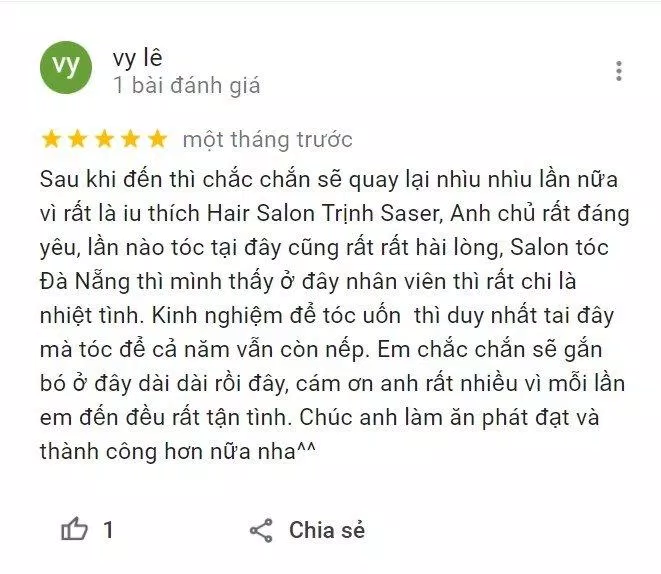 Đánh giá từ chi Vy Lê về trải nghiệm làm đẹp tuyệt vời tại Hair Salon Trịnh Saser (Nguồn: Internet)
