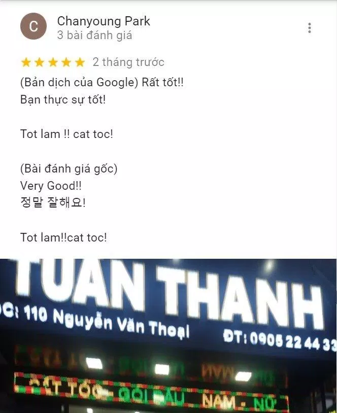Đánh giá tích cực từ Chanyoung Park về chất lượng tại Hair Salon Tuấn Thanh (Nguồn: Internet) Đánh giá tích cực từ Chanyoung Park về chất lượng tại Hair Salon Tuấn Thanh (Nguồn: Internet)
