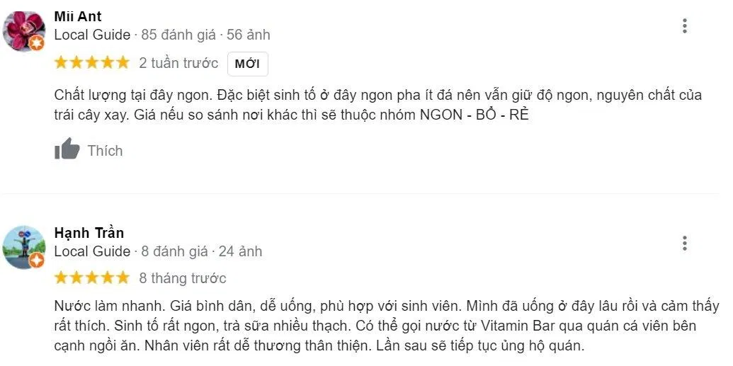 Đánh giá của khách hàng về Vitamin Bar (Ảnh: BlogAnChoi)