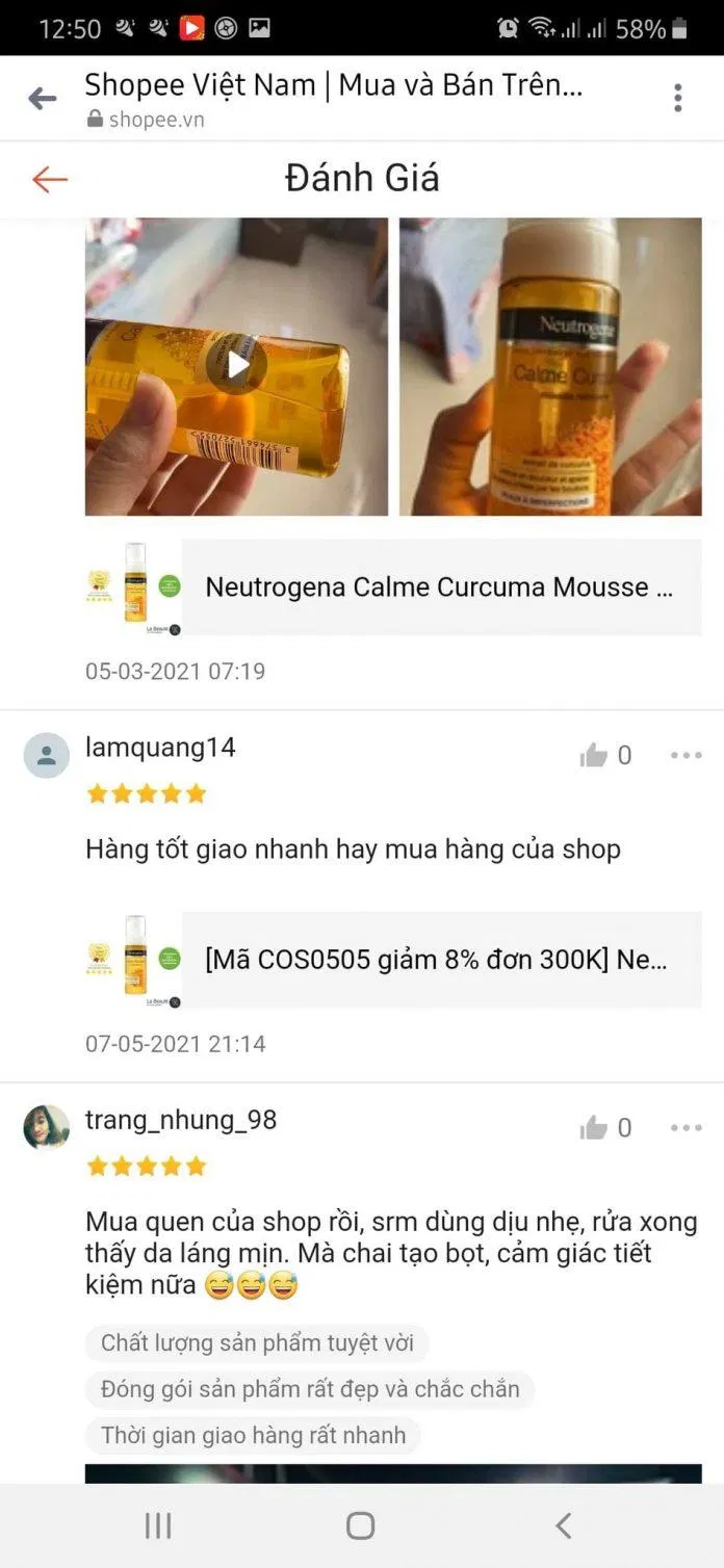 Đánh giá về sữa rửa mặt nghệ Neutrogena trên Shopee (Ảnh: BlogAnChoi)