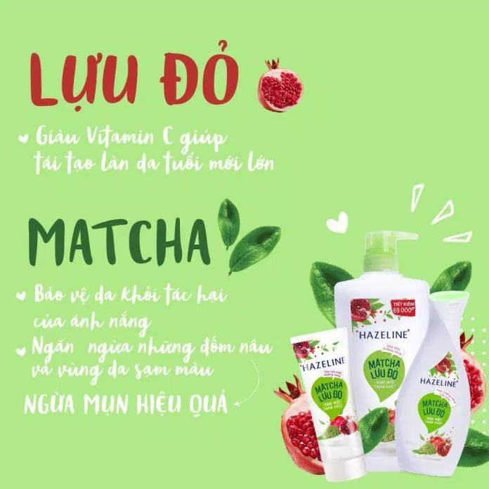 Matcha và lựu đỏ là hai thành phần nổi bật của sữa tắm dưỡng sáng da Hazeline Matcha lựu đỏ (ảnh: internet)