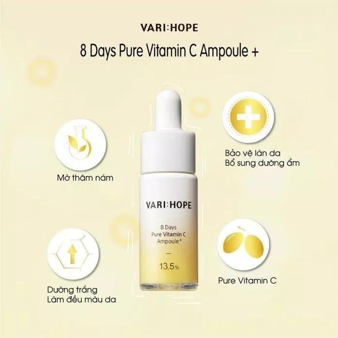 Serum dưỡng trắng da Varihope 8 Days Pure Vitamin C Ampoule Plus với Glutathione và 13,5% Vitamin C giúp dưỡng sáng da ( Nguồn: internet)