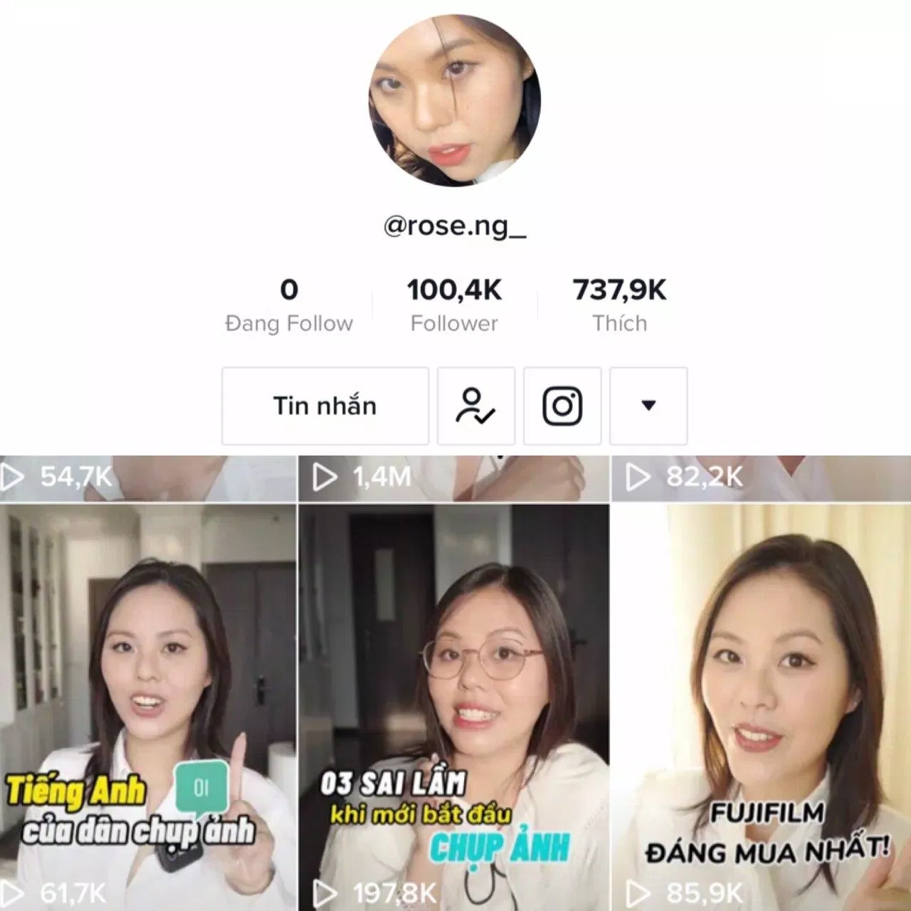 Kênh chia sẻ của cô nàng nhanh chóng cán mốc 100K follow dù chỉ mới "dấn thân" vào Tik Tok khoảng 4 tháng