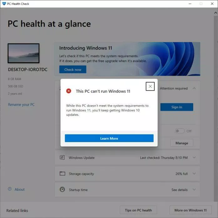 Thông báo máy tính bạn không đủ điều kiện nâng cấp Windows 11 (Ảnh: Internet).