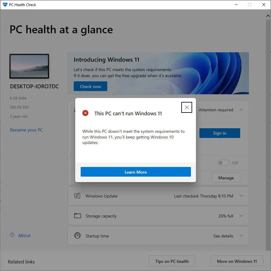 Thông báo máy tính bạn không đủ điều kiện nâng cấp Windows 11 (Ảnh: Internet). Thông báo máy tính bạn không đủ điều kiện nâng cấp Windows 11 (Ảnh: Internet).