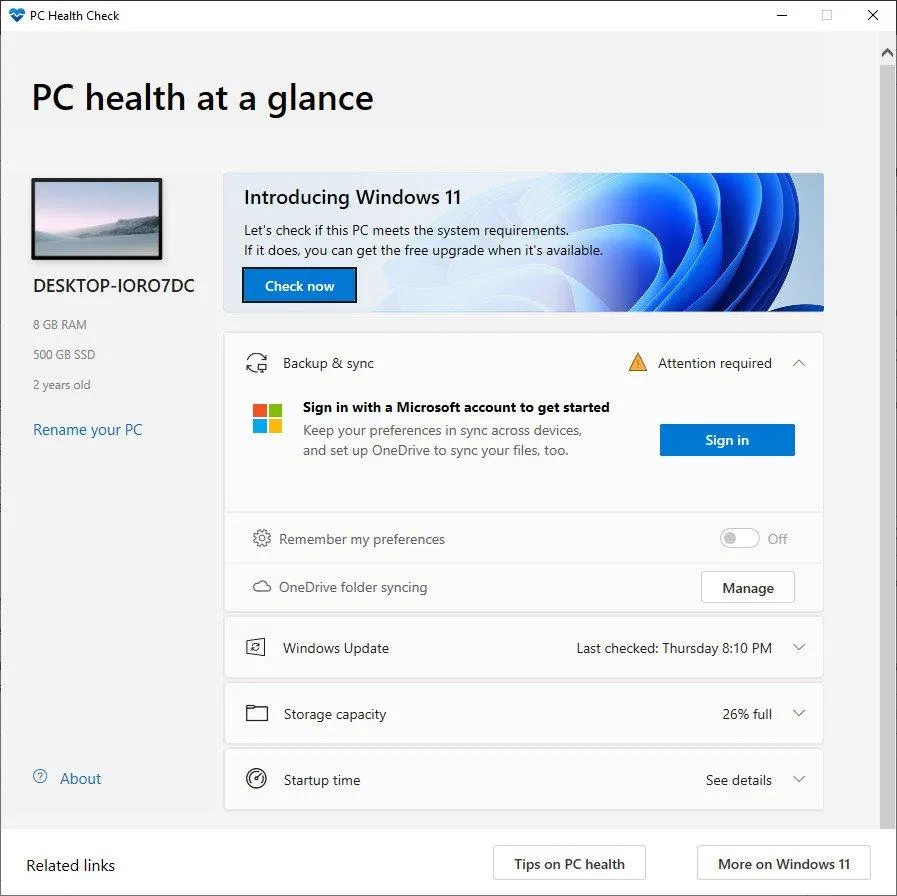 Giao diện của Windows PC Health Check (Ảnh: Internet). Giao diện của Windows PC Health Check (Ảnh: Internet).