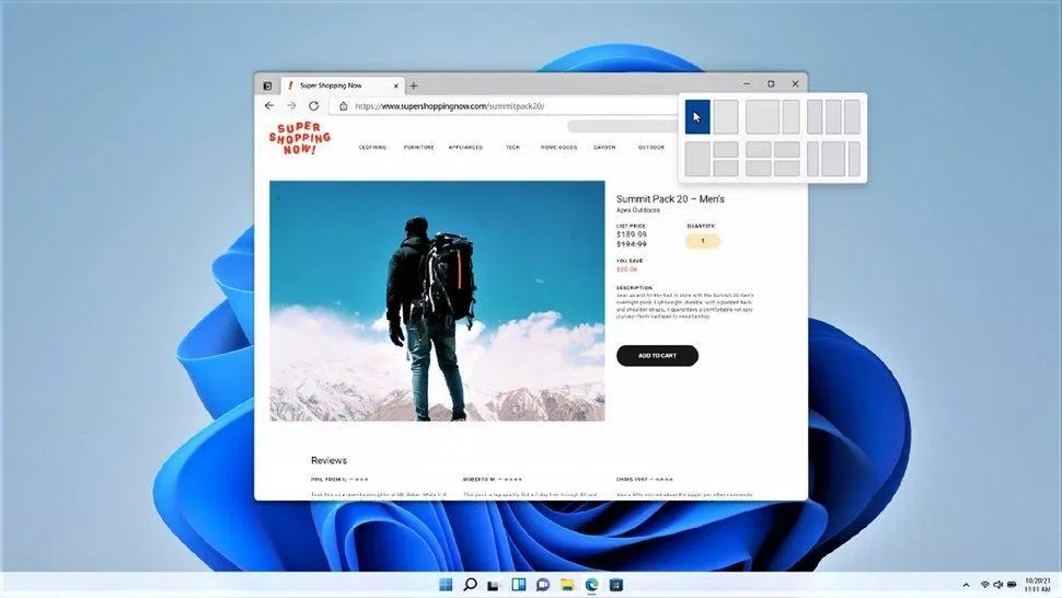 Snap Layout trên Windows 11. Tuy đi sau đối thủ macOS đến 6 năm, Windows 11 vẫn đem lại trải nghiệm tuyệt vời hơn do hỗ trợ đồng thời tới 4 màn hình làm việc. (Ảnh: Internet)