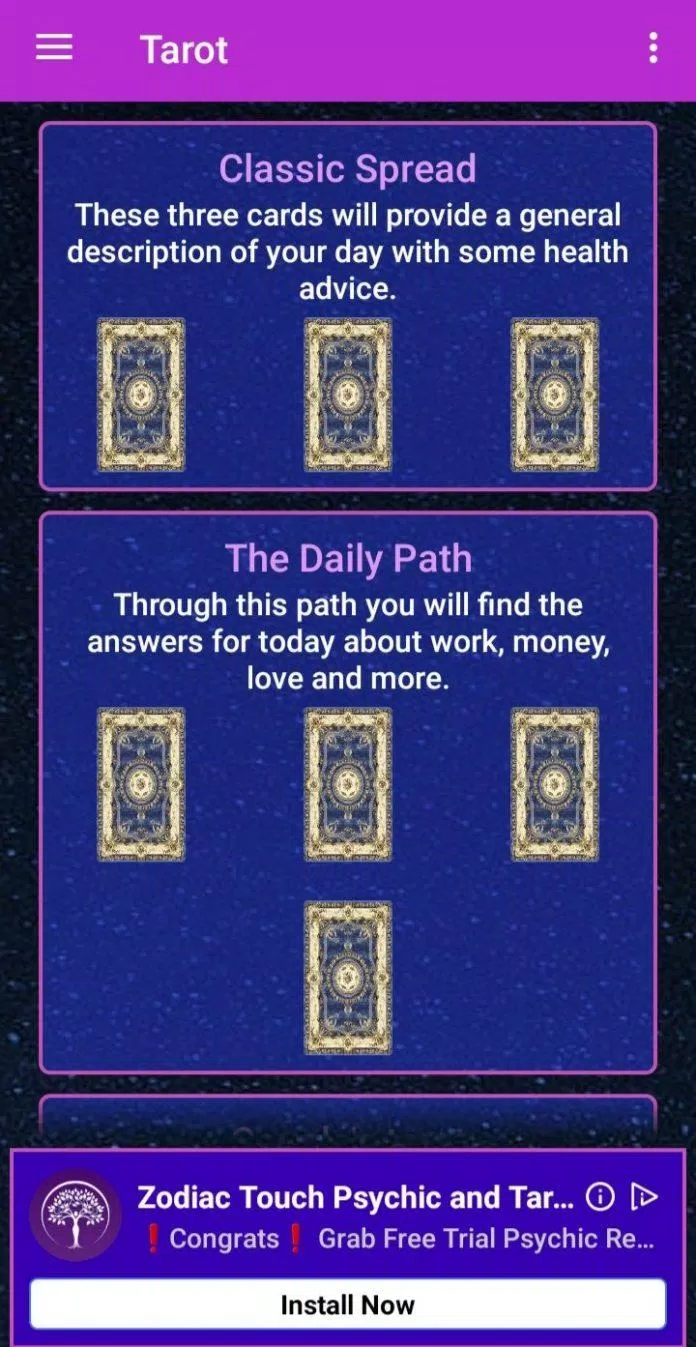 Nhiều kiểu bói bài khác nhau trong ứng dụng Tarot (Ảnh: Internet). Nhiều kiểu bói bài khác nhau trong ứng dụng Tarot (Ảnh: Internet).