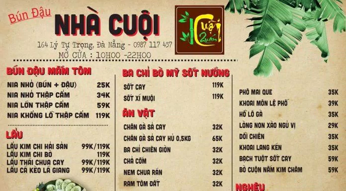 Menu tại Bún Đậu Cuội Quán (Ảnh Bún Đậu Cuội Quán)