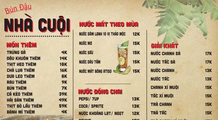 Menu tại Bún Đậu Cuội Quán (Ảnh Bún Đậu Cuội Quán)