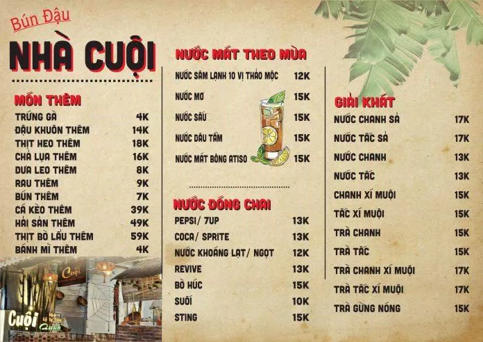 Menu tại Bún Đậu Cuội Quán (Ảnh Bún Đậu Cuội Quán)