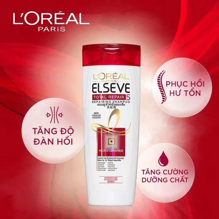 Dầu gội L’Oreal Elseve Total Repair 5 Shampoo với 5 tác động khắc phục các vấn đề của tóc nhanh chóng ( Nguồn: internet)