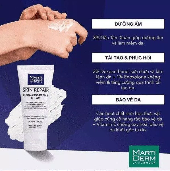 Kem dưỡng Martiderm Skin Repair Cicra Vass Cream với bảng thành phần "xịn xò" giúp nâng cao tác dụng phục hồi da ( Nguồn: internet)