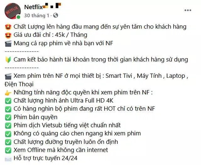 Quảng cáo rao bán tài khoản Netflix giá rẻ (Ảnh: BlogAnChoi).