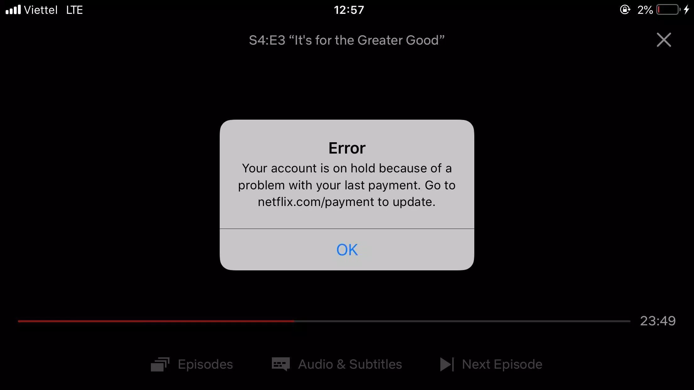 Một tài khoản Netflix giá rẻ bị khoá vì có vấn đề thanh toán (Ảnh: BlogAnChoi).