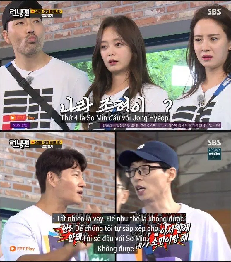 Nhưng ngay lập tức bị Yoo Jae Suk và Kim Jong Kook ngăn cản. (Ảnh: Internet). Nhưng ngay lập tức bị Yoo Jae Suk và Kim Jong Kook ngăn cản. (Ảnh: Internet).