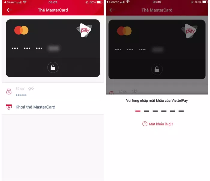 Ở trong mục Thẻ, người dùng bấm vào dòng "Khoá thẻ Mastercard" và nhập mật khẩu của ViettelPay (Ảnh: BlogAnChoi).