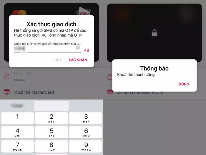 Sau vài giây, hệ thống sẽ gửi mã OTP về. Bạn điền mã OTP rồi xác nhận để khoá thẻ MasterCard ViettelPay (Ảnh: BlogAnChoi).