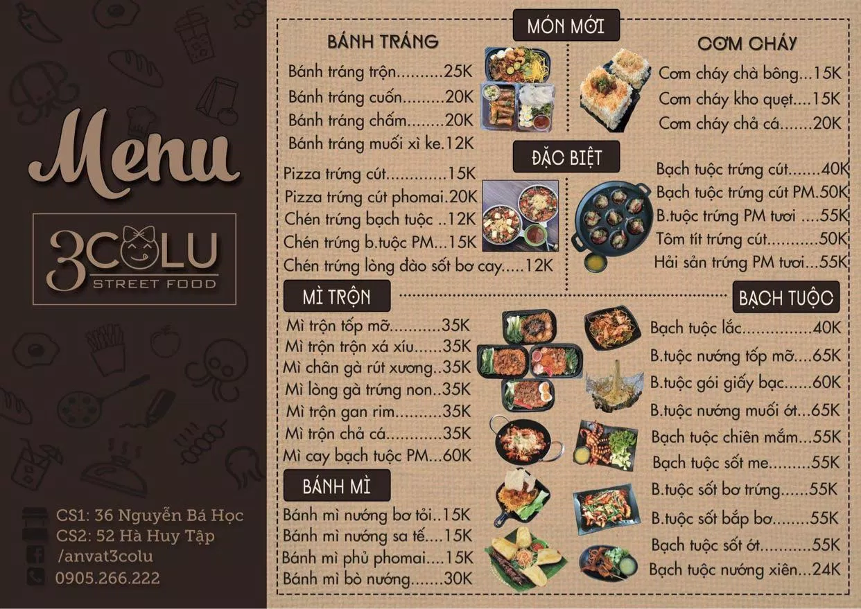 Menu của 3 Colu rất đa dạng về món ăn với giá thành hợp lý ( Nguồn: Internet)