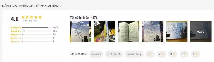 Độc giả đánh giá điểm cho tác phẩm Chuyện con mèo dạy hải âu bay trên Tiki( nguồn: tiki)