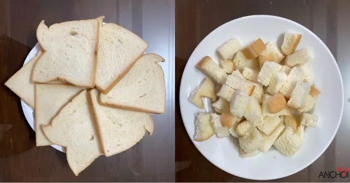 Cắt nhỏ hoặc xé vụn bánh mì trước khi cho vào cối xay nhuyễn. (Ảnh: BlogAnChoi)