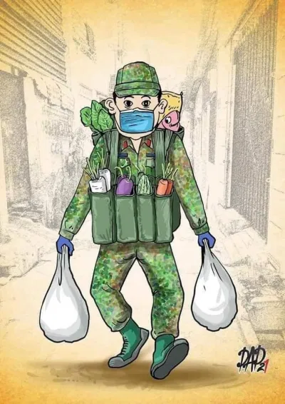 Hay anh bộ đội đi chợ, tay xách nách mang như đi hành quân thời chiến, nhưng là cuộc chiến chống giặc Covid. (Ảnh: Internet)