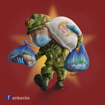 Bức tranh vẽ chú bộ đội đi chợ giúp dân được cộng đồng mạng vô cùng yêu thích. (Ảnh: Internet)