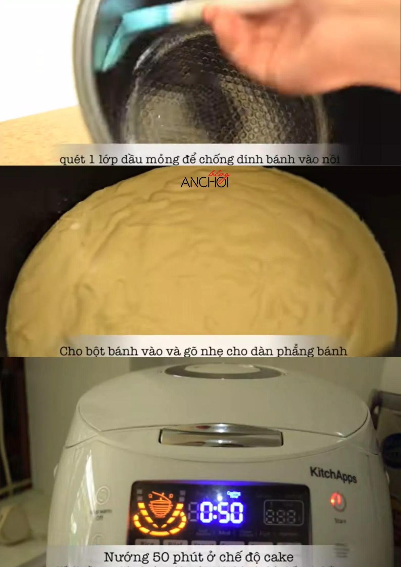 Cách làm bánh bông lan bằng nồi cơm điện (Ảnh: BlogAnChoi)