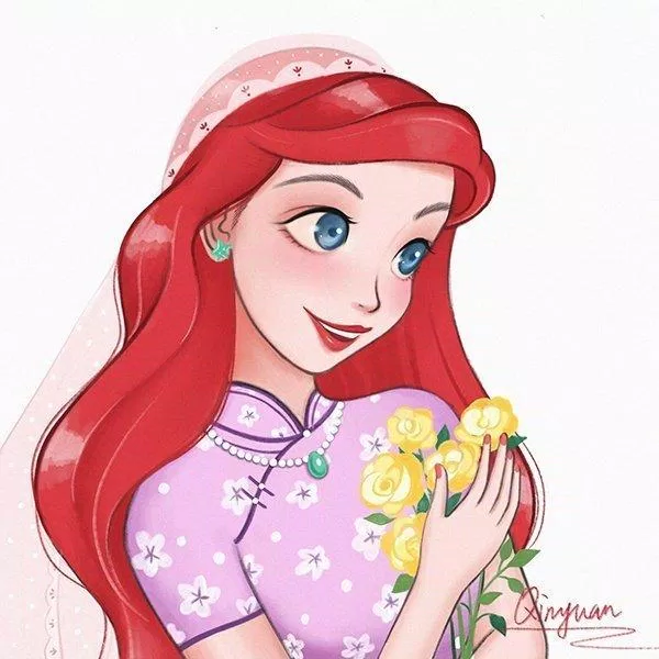Ariel mặc sườn xám tím với khăn trùm đầu, trông tựa như một cô dâu (Ảnh: Weibo)