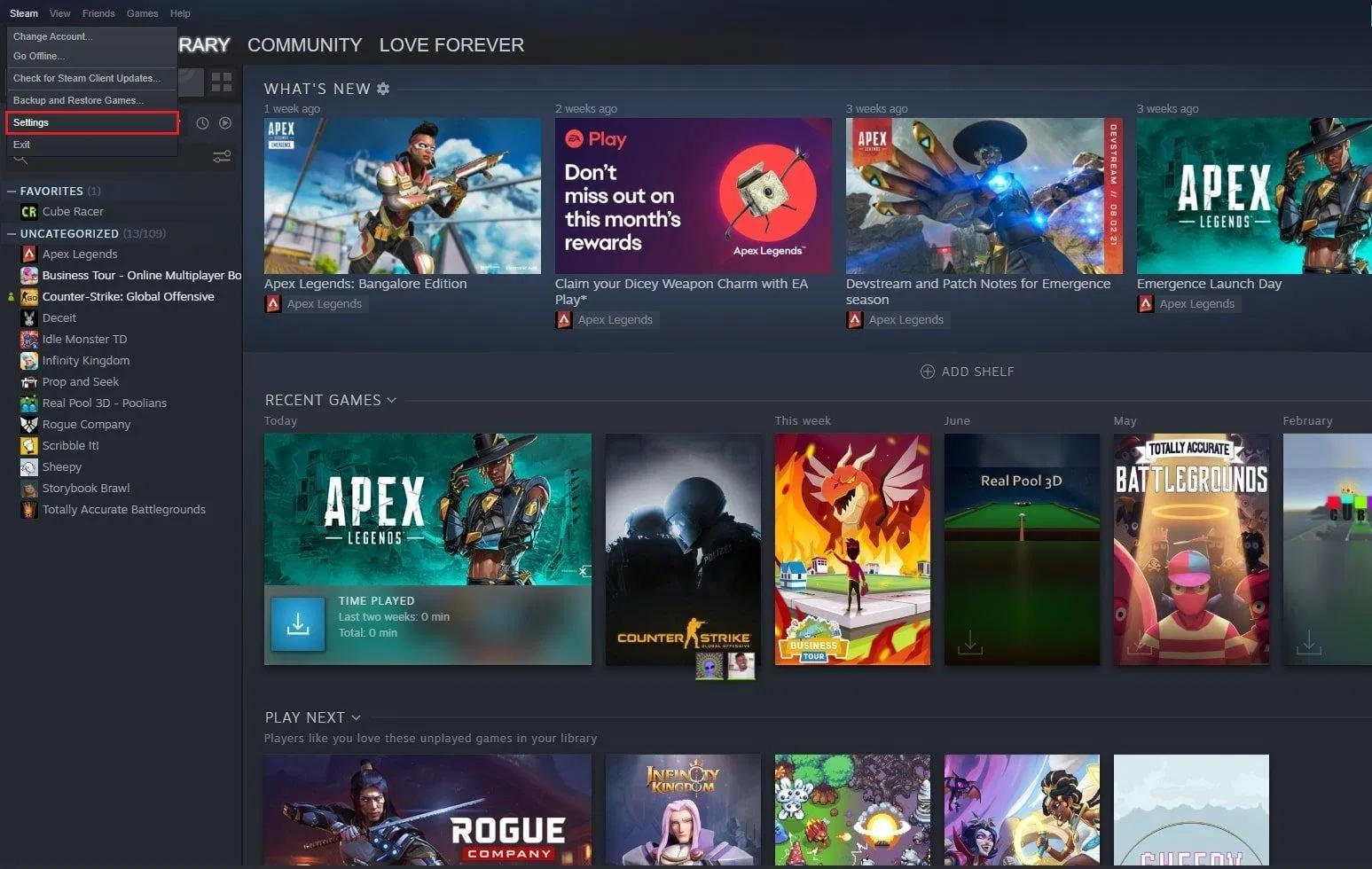 Nhấn Steam và chọn Settings (Ảnh: BlogAnChoi). Nhấn Steam và chọn Settings (Ảnh: BlogAnChoi).
