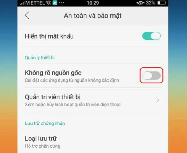 Chế độ cài đặt ứng dụng không rõ nguồn gốc luôn bị tắt theo mặc định (Ảnh: Internet). Chế độ cài đặt ứng dụng không rõ nguồn gốc luôn bị tắt theo mặc định (Ảnh: Internet).