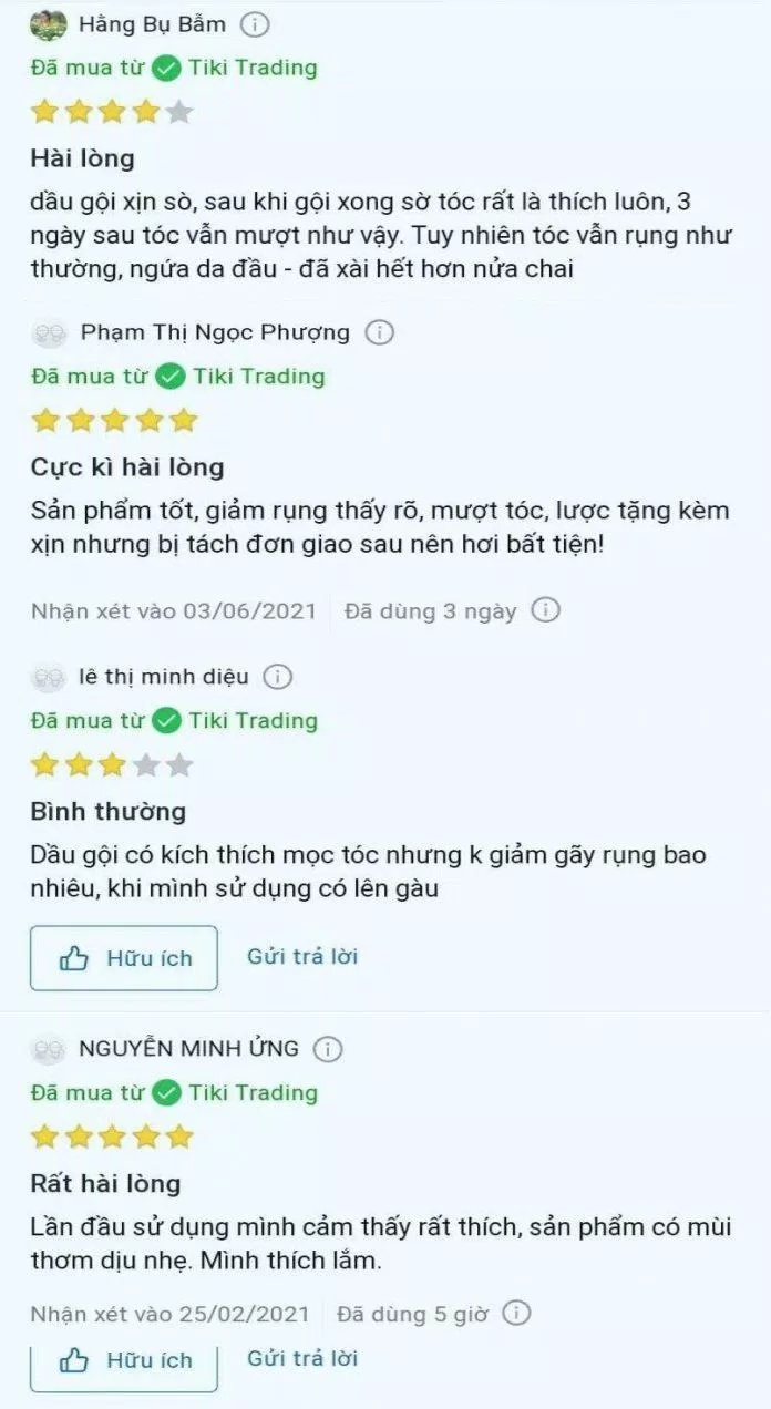 Một vài nhận xét của khách hàng về bộ gội xả Michiru trên Tiki (ảnh: BlogAnChoi)
