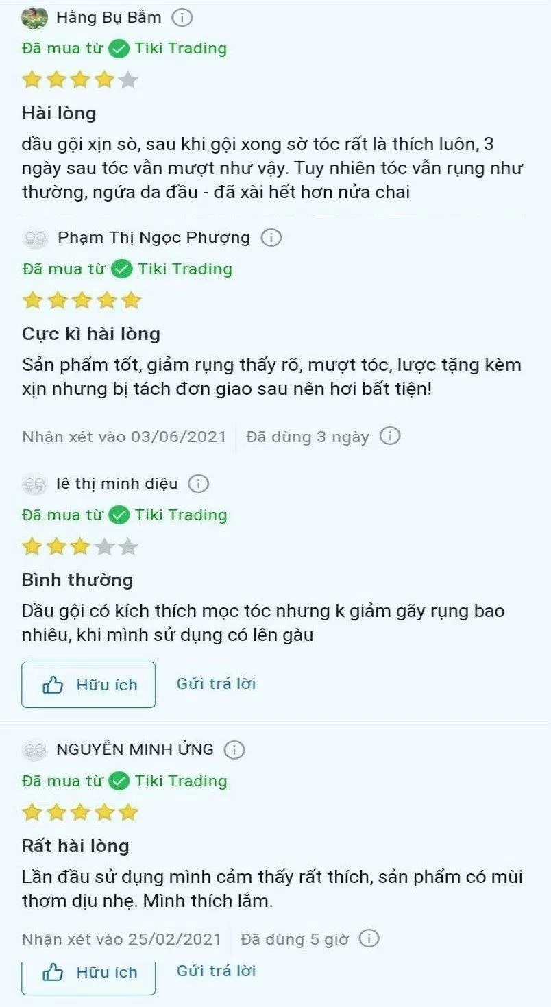 Một vài nhận xét của khách hàng về bộ gội xả Michiru trên Tiki (ảnh: BlogAnChoi)