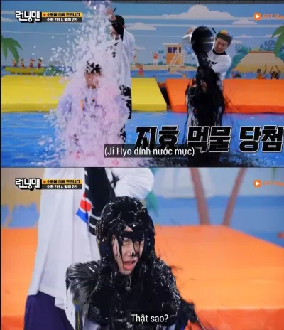 Ji Hyo lại chọn trúng xô có chứa nước mực. (Ảnh: Internet). Ji Hyo lại chọn trúng xô có chứa nước mực. (Ảnh: Internet).