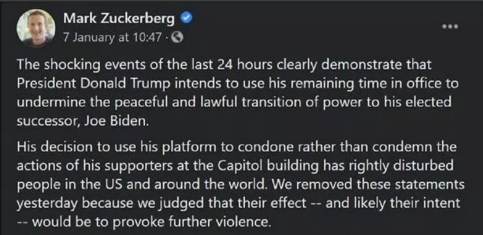 Mark Zuckerberg phát biểu về sự kiện tại Đồi Capitol liên quan tới cựu tổng thống Mỹ Donald Trump (Ảnh: Internet).