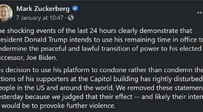Mark Zuckerberg phát biểu về sự kiện tại Đồi Capitol liên quan tới cựu tổng thống Mỹ Donald Trump (Ảnh: Internet). Mark Zuckerberg phát biểu về sự kiện tại Đồi Capitol liên quan tới cựu tổng thống Mỹ Donald Trump (Ảnh: Internet).