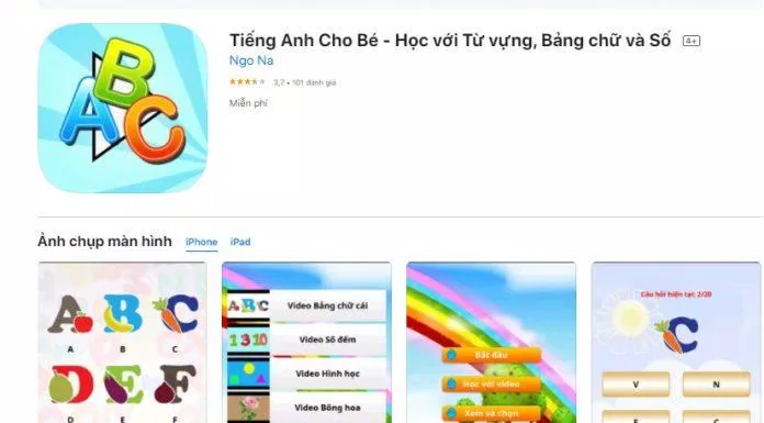 Tiếng Anh cho bé là ứng dụng của Việt Nam có lượt đánh giá khá cao trên Google Play (Nguồn: Internet).