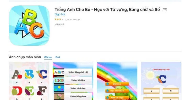 Tiếng Anh cho bé là ứng dụng của Việt Nam có lượt đánh giá khá cao trên Google Play (Nguồn: Internet). Tiếng Anh cho bé là ứng dụng của Việt Nam có lượt đánh giá khá cao trên Google Play (Nguồn: Internet).